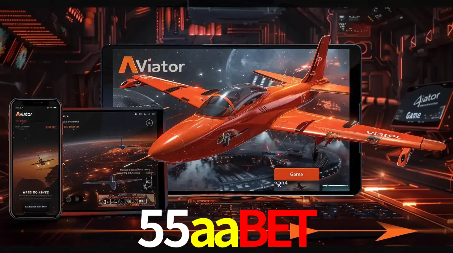 Apresentação tecnológica do jogo Aviator com um avião saindo da tela de um tablet, demonstrando a experiência imersiva em múltiplos dispositivos no 55aabet.