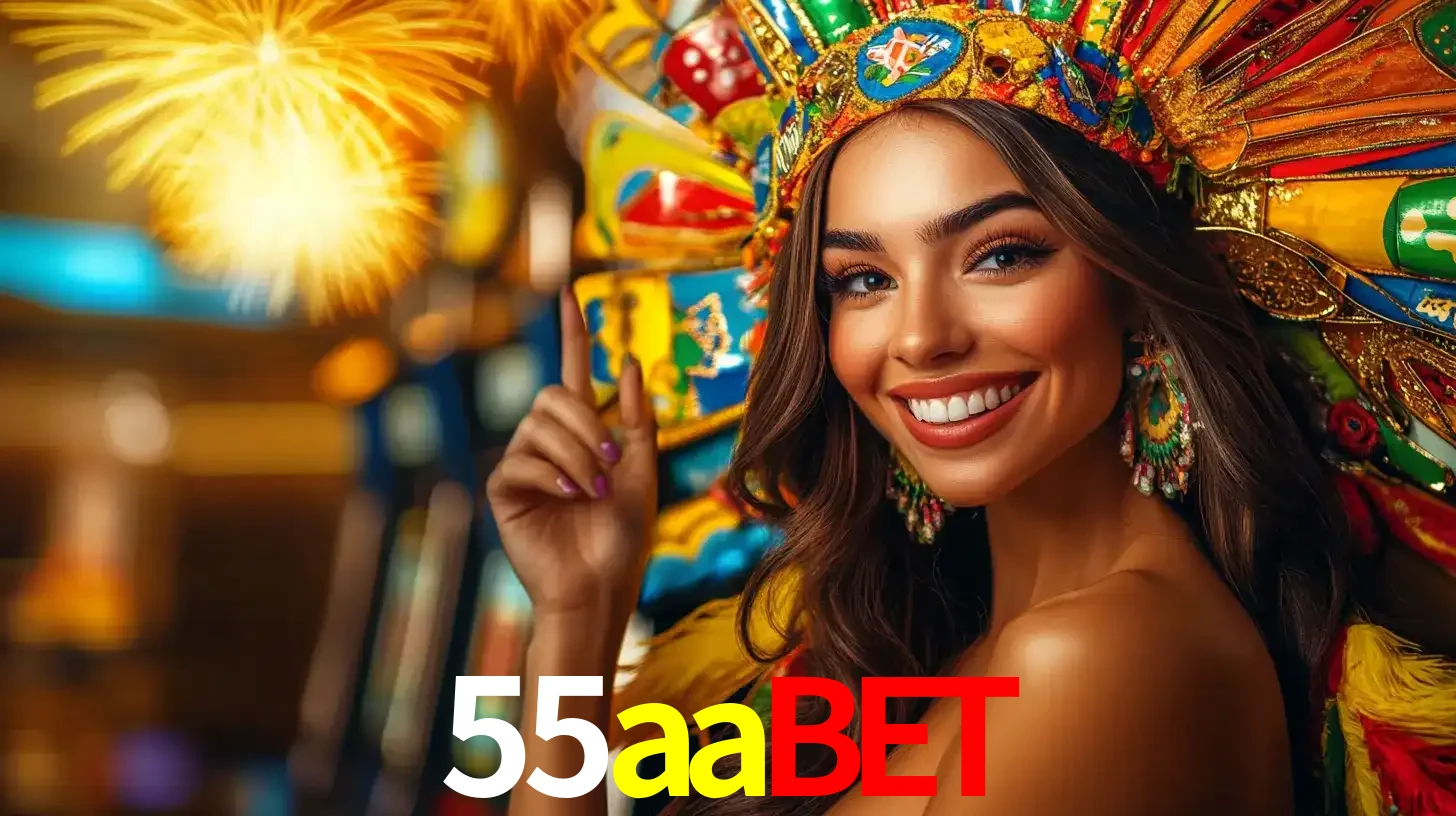 Mulher sorridente com um cocar de carnaval vibrante e colorido, celebrando uma grande vitória nos jogos do cassino 55aabet com fogos de artifício ao fundo.
