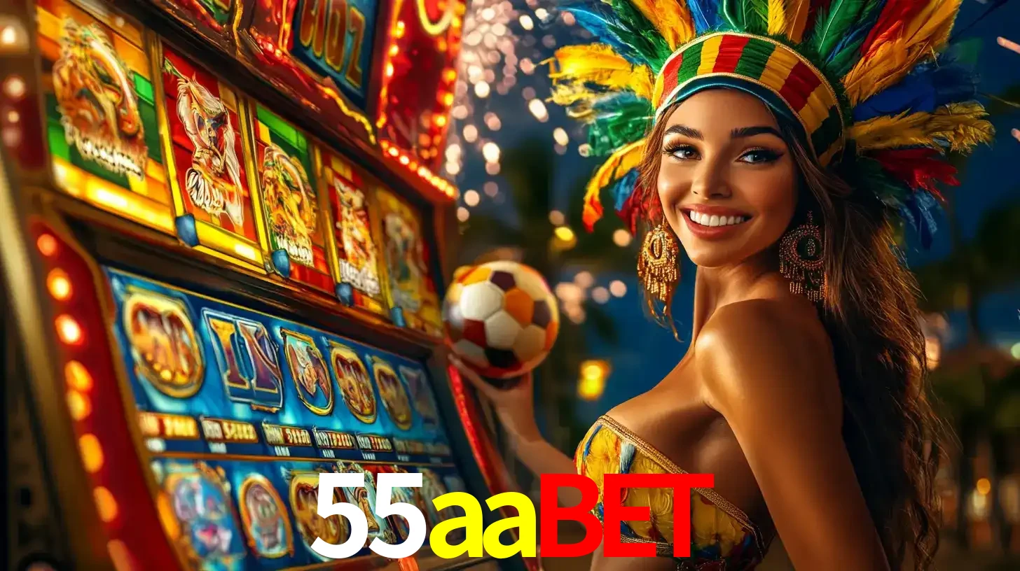 Mulher com um cocar de carnaval ao lado de uma máquina de caça-níqueis enquanto segura uma bola de futebol, mostrando a união da diversão de cassino e esportes no 55aabet.