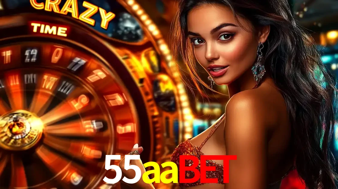 Mulher ao lado da roda de prêmios do jogo de cassino ao vivo Crazy Time, um dos shows de jogos mais emocionantes oferecidos pela plataforma de apostas 55aabet.