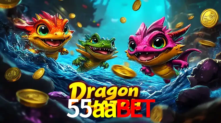Arte promocional do jogo Dragon Hatch com três adoráveis dragões bebês nadando entre moedas de ouro, um dos slots mais divertidos para jogar no cassino 55aabet.