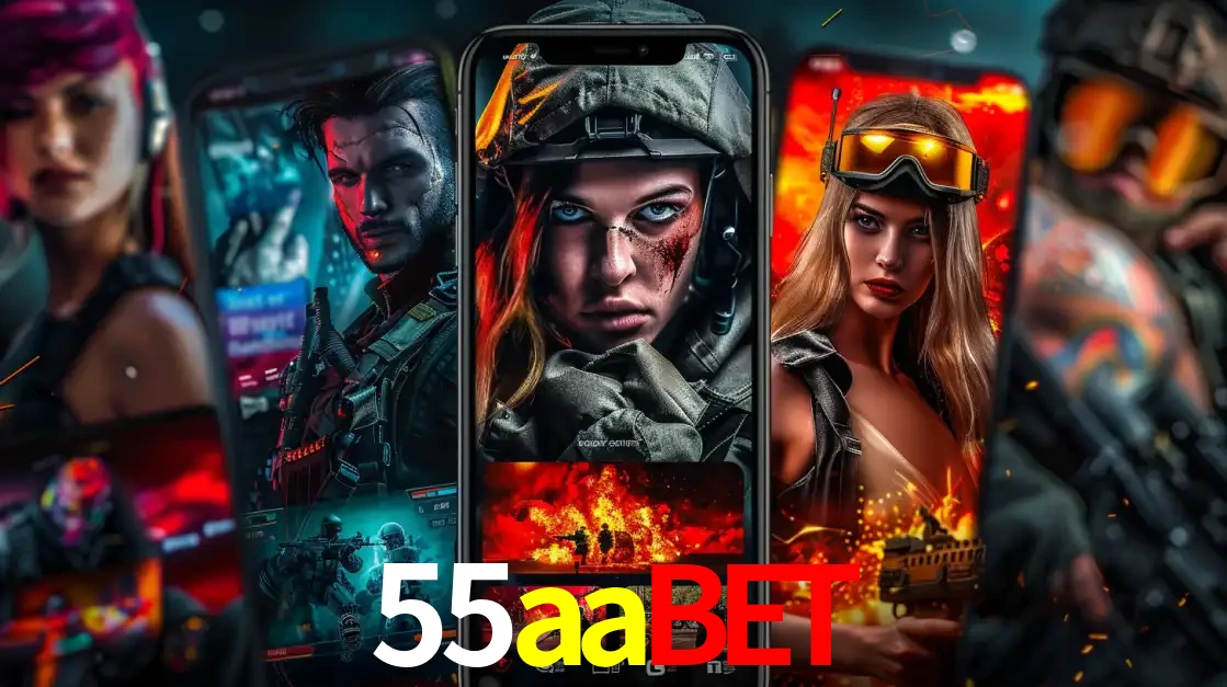 Montagem de telas de celular mostrando diversos personagens, masculinos e femininos, de um jogo de tiro, ilustrando a diversidade de equipes de e-sports para apostar no 55aabet.
