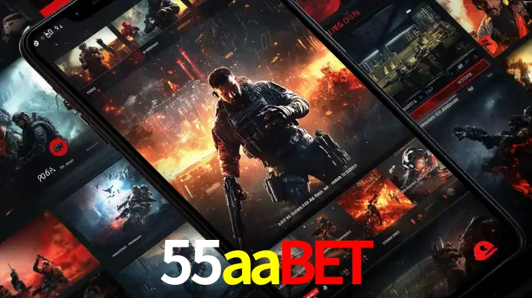 Tela de um celular exibindo uma galeria de jogos de tiro com temática militar, mostrando a variedade de e-sports disponíveis para apostas na plataforma de entretenimento 55aabet.