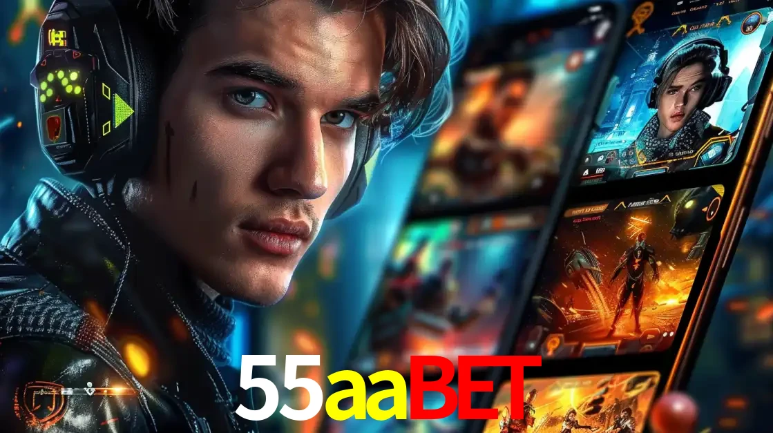 Jovem jogador com fones de ouvido olhando para a câmera, com um aplicativo de jogos e e-sports para celular ao fundo, pronto para a competição e apostas no 55aabet.