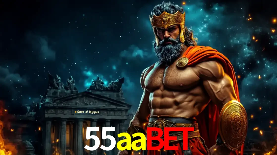 O poderoso Zeus do jogo de slot Gates of Olympus em frente ao seu templo, pronto para lançar multiplicadores divinos e prêmios épicos no cassino online 55aabet.