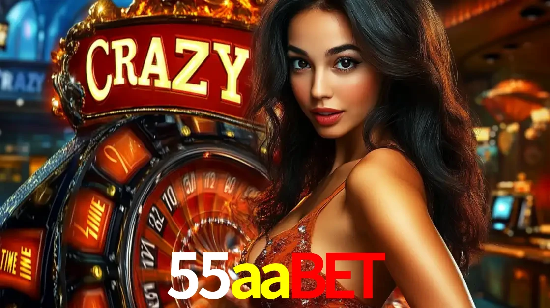 Mulher glamourosa olhando para a câmera com a roda vermelha do Crazy Time ao fundo em um ambiente de cassino, destacando a emoção dos jogos ao vivo no 55aabet.
