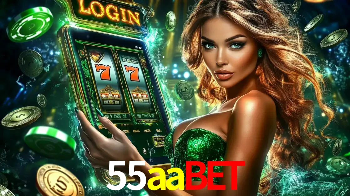 Mulher com tema verde apresentando o aplicativo do cassino 55aabet com um jogo de slot de 777, cercada por fichas de cassino e uma aura de sorte.