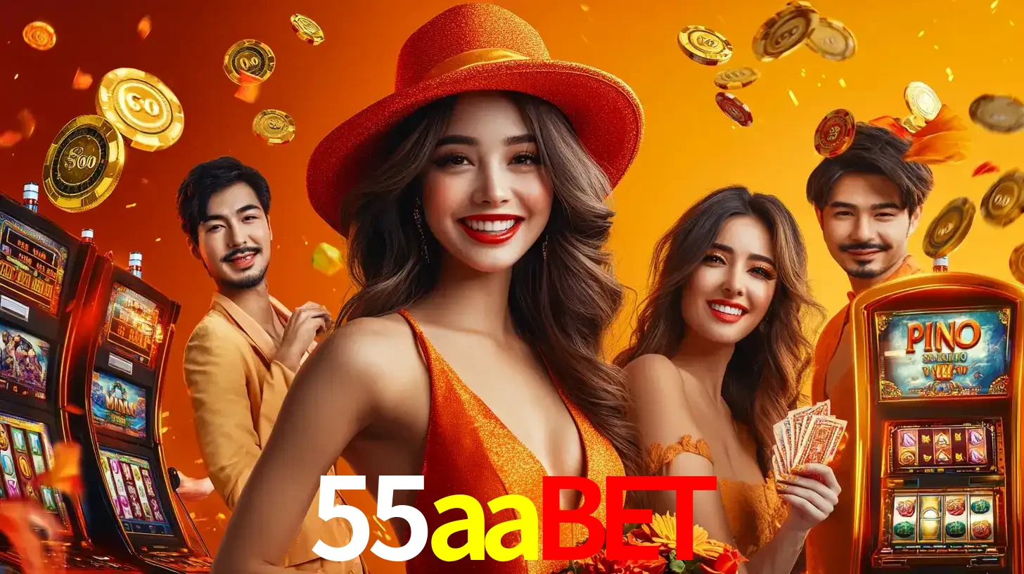 Grupo de amigos asiáticos sorrindo e se divertindo com máquinas de caça-níqueis em um ambiente festivo, celebrando suas vitórias nos jogos de cassino do 55aabet.