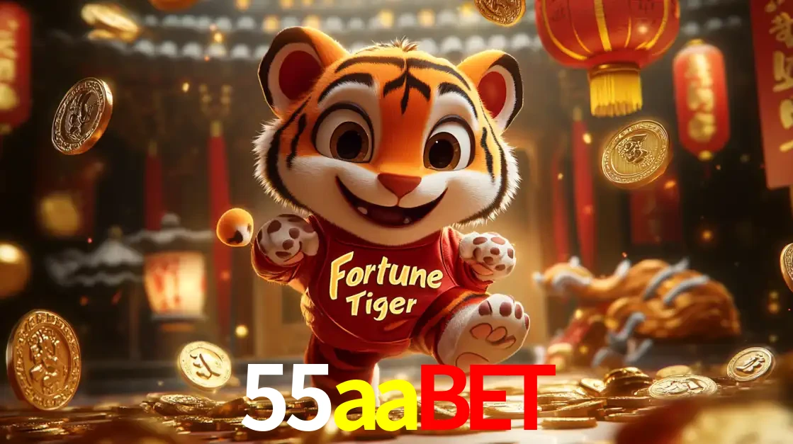 O alegre personagem do Fortune Tiger correndo sobre um caminho de moedas de ouro, simbolizando os grandes prêmios e a diversão do popular jogo de slot do 55aabet.