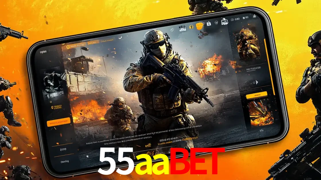 Um smartphone exibindo a interface de um jogo de tiro em primeira pessoa, com um soldado em um cenário de batalha, representando a ação dos e-sports para apostar no 55aabet.