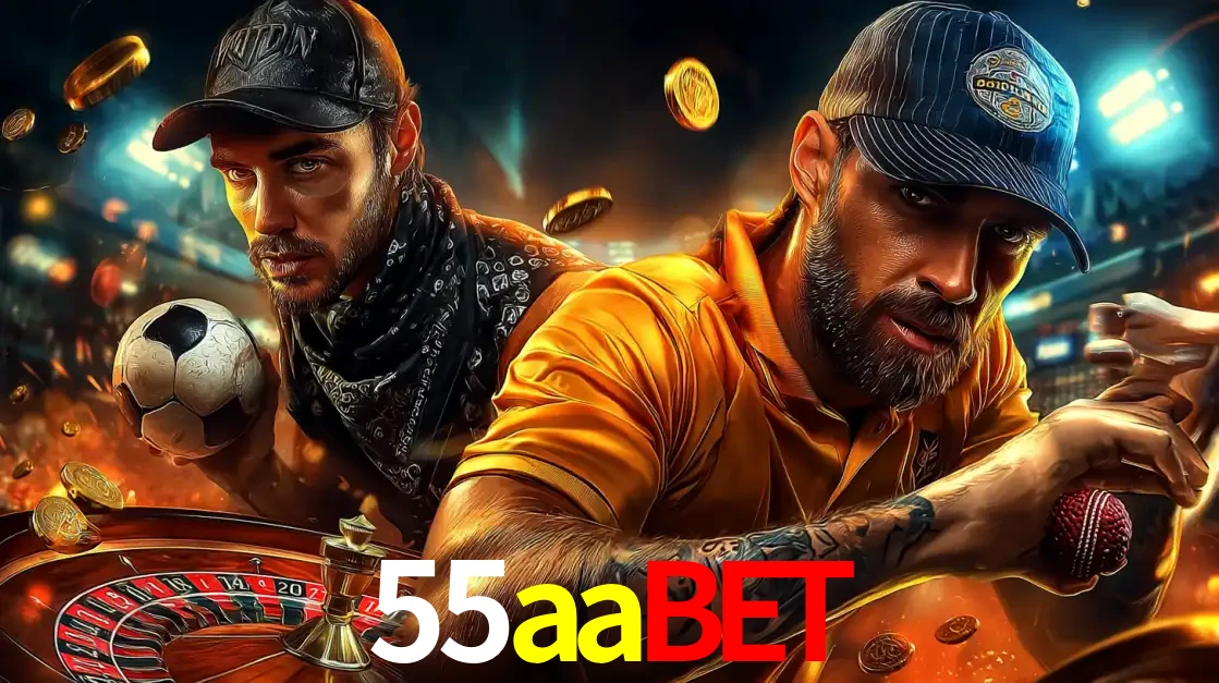 Montagem de apostas esportivas e cassino no 55aabet, com um homem segurando uma bola de futebol e outro uma de beisebol sobre uma roleta e moedas voadoras.