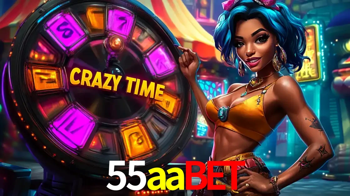 Mulher estilizada com cabelo azul e visual vibrante posando ao lado da roda de prêmios do game show Crazy Time, convidando para a diversão e os bônus do cassino 55aabet.