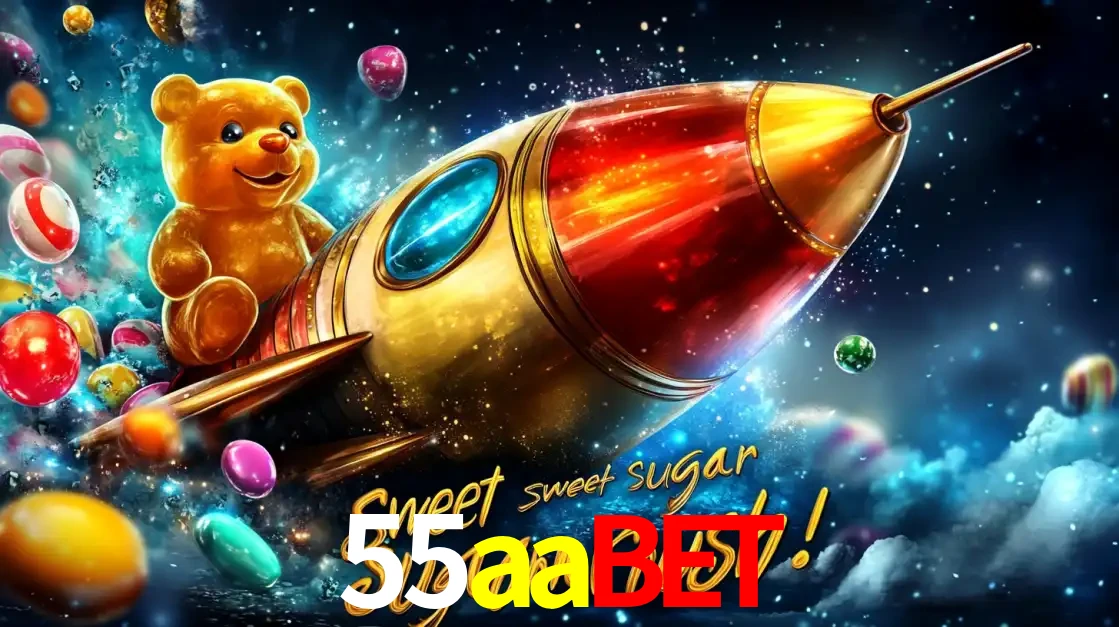 Arte promocional do jogo de slot Sugar Rush, com um urso de pelúcia em um foguete viajando pelo espaço de doces, um dos jogos divertidos disponíveis no cassino 55aabet.