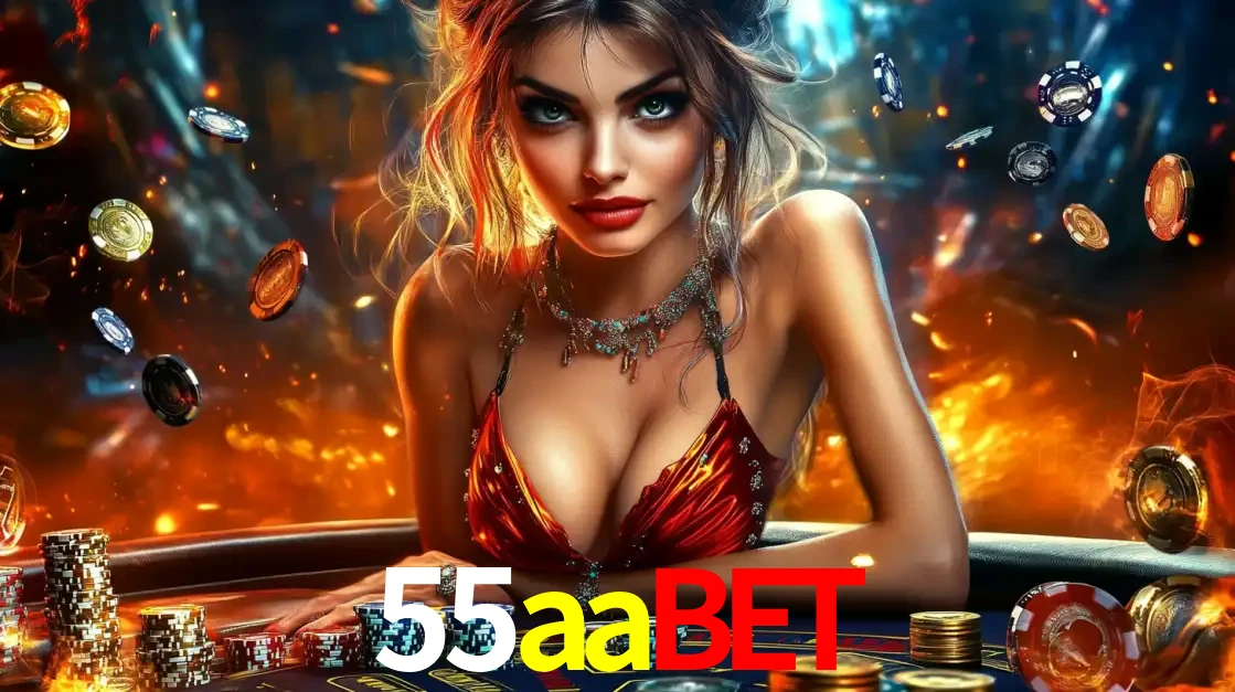 Mulher em uma mesa de cassino com pilhas de fichas e um fundo de fogo, pronta para uma rodada de altas apostas nos jogos de mesa emocionantes do cassino 55aabet.