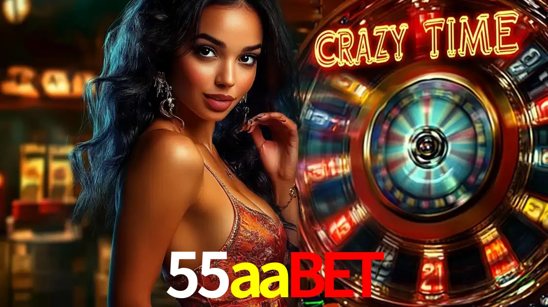 Mulher elegante ao lado da vibrante roda da fortuna do jogo de cassino ao vivo Crazy Time, um dos game shows mais populares e cheios de prêmios do 55aabet.