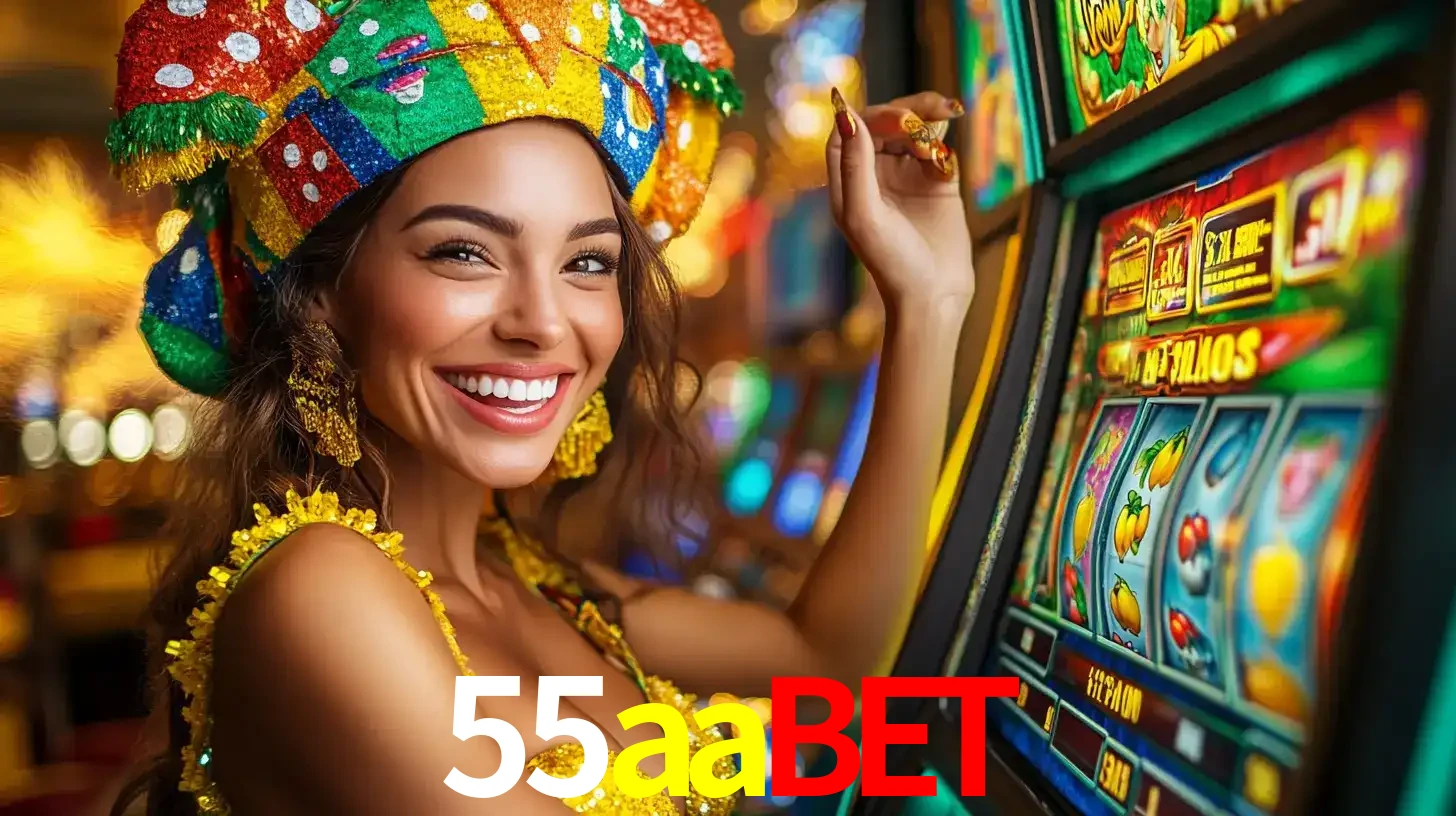 Mulher feliz com traje de carnaval amarelo e colorido ao lado de uma máquina de caça-níqueis, aproveitando a diversão e os jogos temáticos do cassino 55aabet.