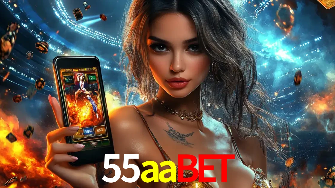 Mulher segurando um celular com um jogo de slot em destaque, tendo como fundo um estádio vibrante, simbolizando a emoção de jogar no cassino móvel 55aabet.