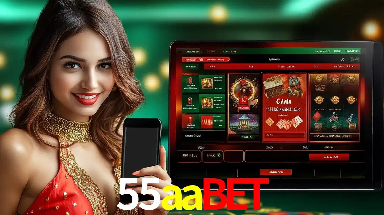 Mulher sorridente segurando um smartphone, ao lado de uma tela exibindo o lobby de jogos do cassino online 55aabet, com várias opções de jogos de cartas e slots.